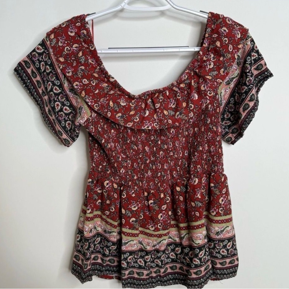 Women’s Red Boho Off-Shoulder Smocked Women's Blouse size large